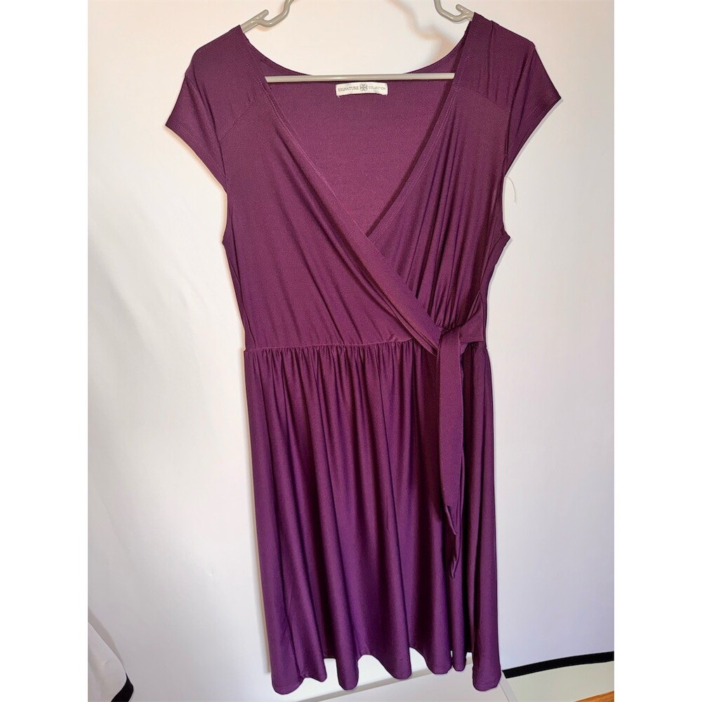 Signature Collection Wrap Dress Womens M Purple V-Neck Cap Sleeve Tie